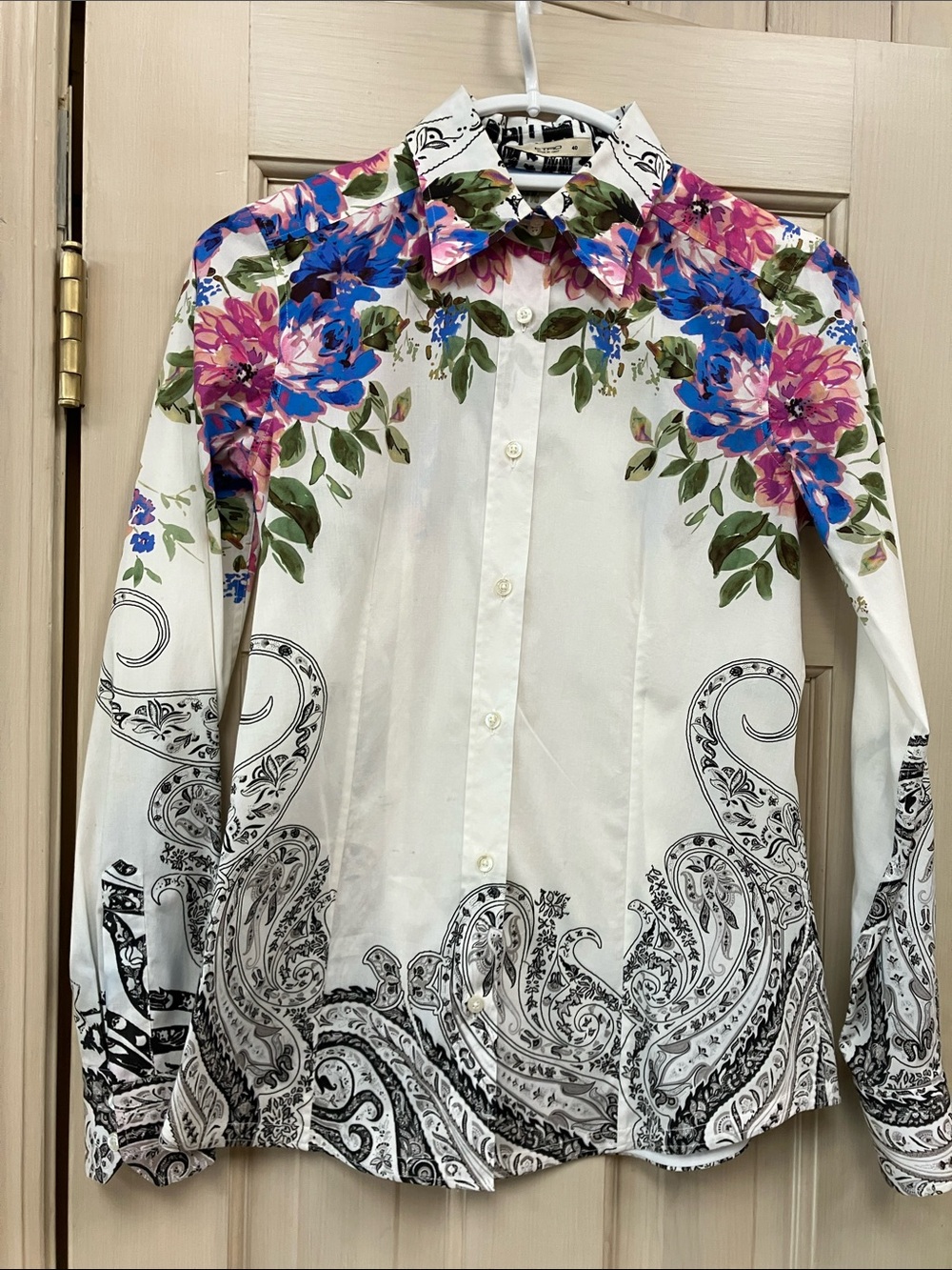Etro White Button-Down Shirt with Pink & Blue Floral Accents